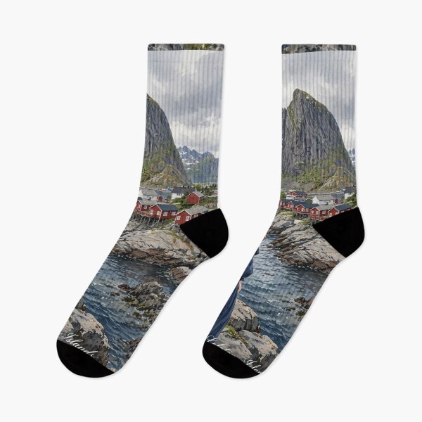 Item preview, Norway Lofoten Islands with a Mysterious Redhead Traveler in an Elegant Navy Dress, Dramatic Mountains and Nordic Coastal Landscape designed and sold by DibujandoPorfa.