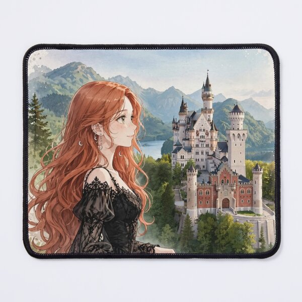 Item preview, Germany Neuschwanstein Castle with an Enchanting Redhead Traveler in Elegant Gothic Dress, Romantic Fairytale Mountain Landscape designed and sold by DibujandoPorfa.