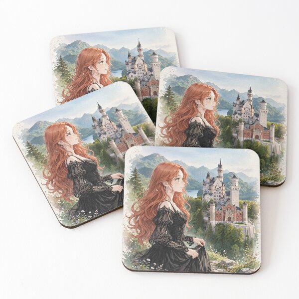 Item preview, Germany Neuschwanstein Castle with an Enchanting Redhead Traveler in Elegant Gothic Dress, Romantic Fairytale Mountain Landscape designed and sold by DibujandoPorfa.