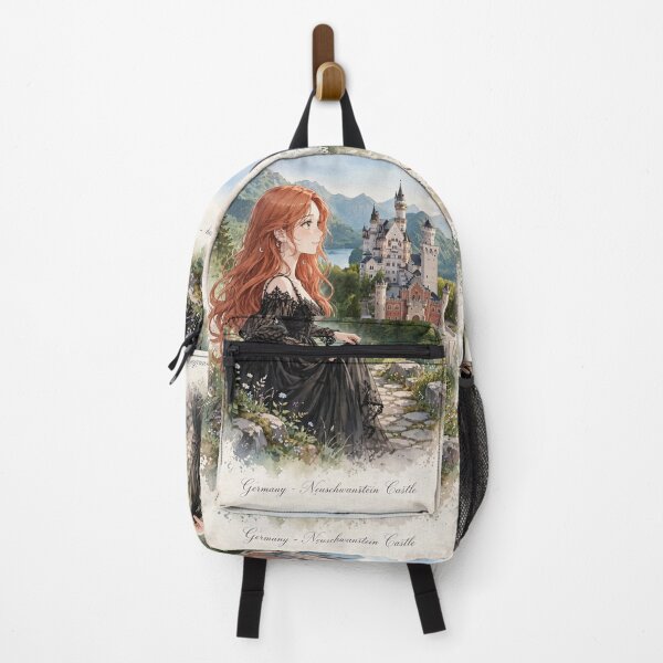 Item preview, Germany Neuschwanstein Castle with an Enchanting Redhead Traveler in Elegant Gothic Dress, Romantic Fairytale Mountain Landscape designed and sold by DibujandoPorfa.