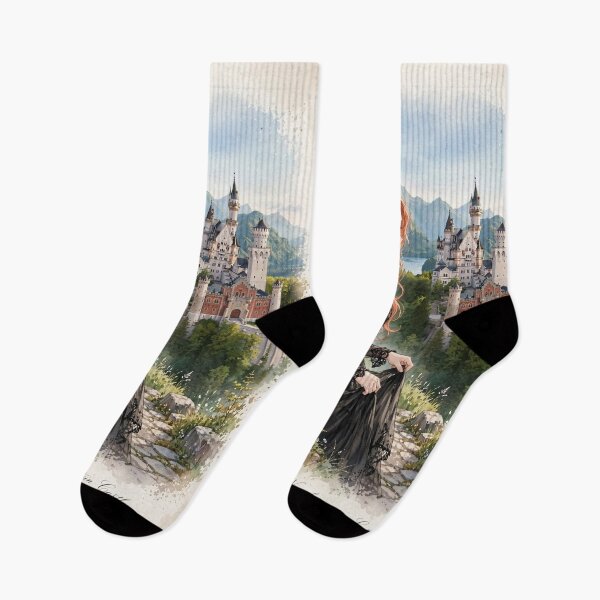 Item preview, Germany Neuschwanstein Castle with an Enchanting Redhead Traveler in Elegant Gothic Dress, Romantic Fairytale Mountain Landscape designed and sold by DibujandoPorfa.