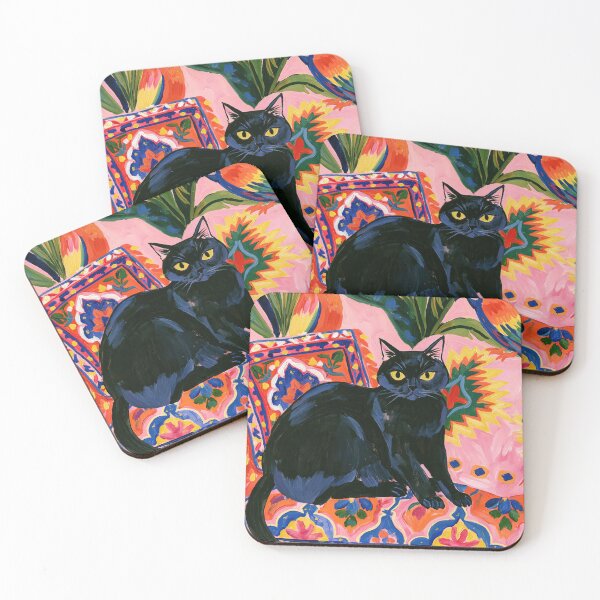 Item preview, Black Cat with Tropical Birds Colorful Painting designed and sold by Sunday Margaritas Art.