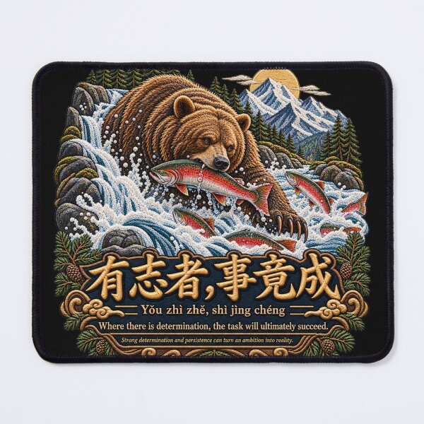 Item preview, Chinese Proverb Salmon & Bear Embroidery – Determination Mountain River Art designed and sold by Emoji Emblems.