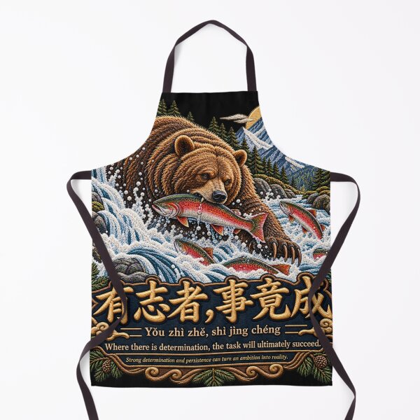 Item preview, Chinese Proverb Salmon & Bear Embroidery – Determination Mountain River Art designed and sold by Emoji Emblems.