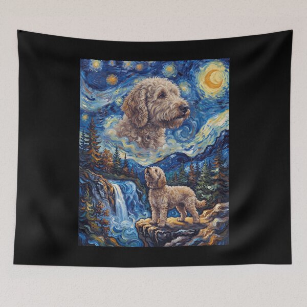 Aperçu de l'œuvre Labradoodle Hurlement de lune Nuit étoilée Art de Van Gogh Amoureux des animaux créée et vendue par dian-rody-crest.