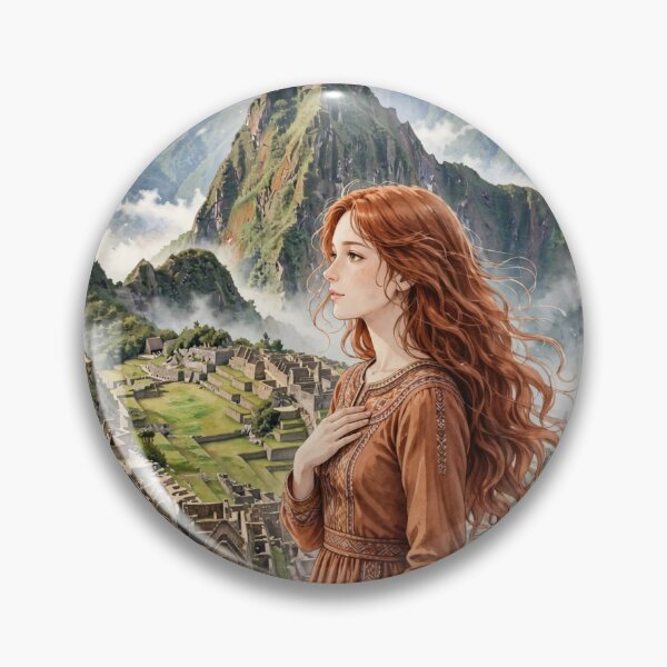 Item preview, Peru Machu Picchu with an Enchanting Redhead Traveler in an Elegant Terracotta Dress, Ancient Inca Ruins and Misty Mountain Landscape designed and sold by DibujandoPorfa.