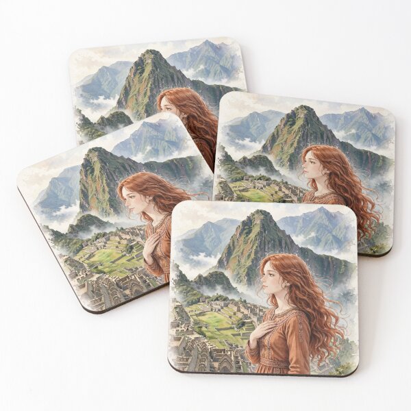 Item preview, Peru Machu Picchu with an Enchanting Redhead Traveler in an Elegant Terracotta Dress, Ancient Inca Ruins and Misty Mountain Landscape designed and sold by DibujandoPorfa.