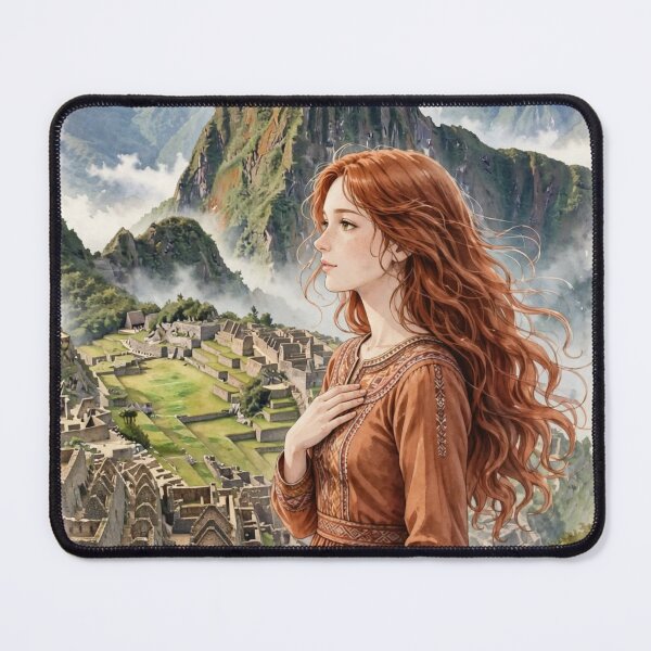 Item preview, Peru Machu Picchu with an Enchanting Redhead Traveler in an Elegant Terracotta Dress, Ancient Inca Ruins and Misty Mountain Landscape designed and sold by DibujandoPorfa.