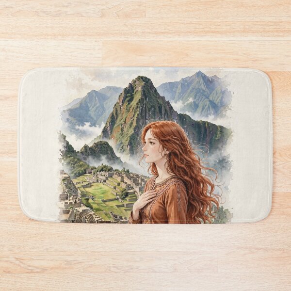 Item preview, Peru Machu Picchu with an Enchanting Redhead Traveler in an Elegant Terracotta Dress, Ancient Inca Ruins and Misty Mountain Landscape designed and sold by DibujandoPorfa.