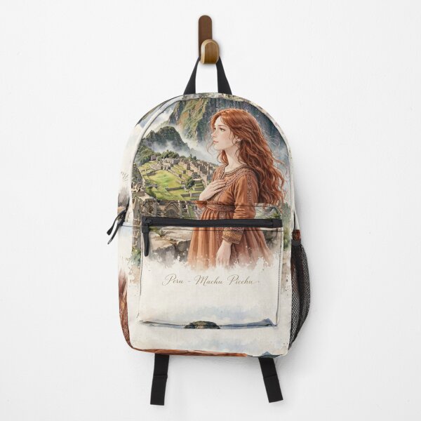 Item preview, Peru Machu Picchu with an Enchanting Redhead Traveler in an Elegant Terracotta Dress, Ancient Inca Ruins and Misty Mountain Landscape designed and sold by DibujandoPorfa.