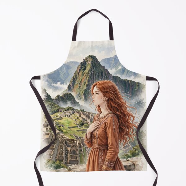 Item preview, Peru Machu Picchu with an Enchanting Redhead Traveler in an Elegant Terracotta Dress, Ancient Inca Ruins and Misty Mountain Landscape designed and sold by DibujandoPorfa.