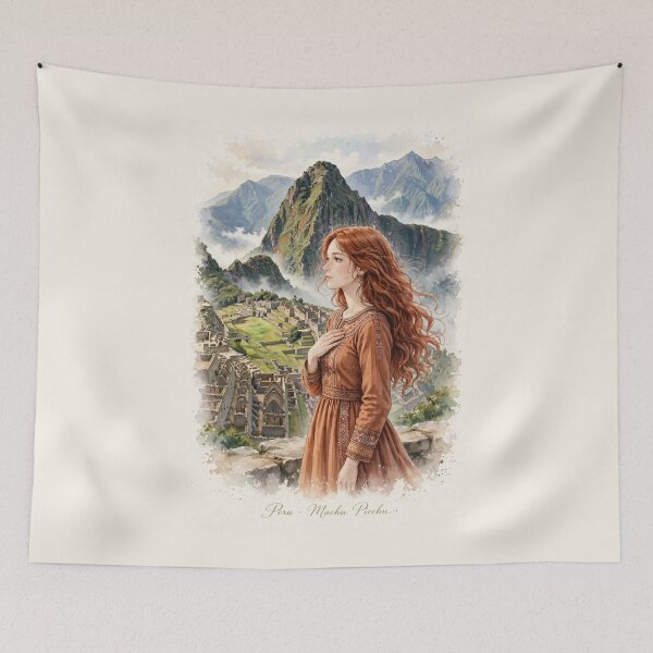 Item preview, Peru Machu Picchu with an Enchanting Redhead Traveler in an Elegant Terracotta Dress, Ancient Inca Ruins and Misty Mountain Landscape designed and sold by DibujandoPorfa.