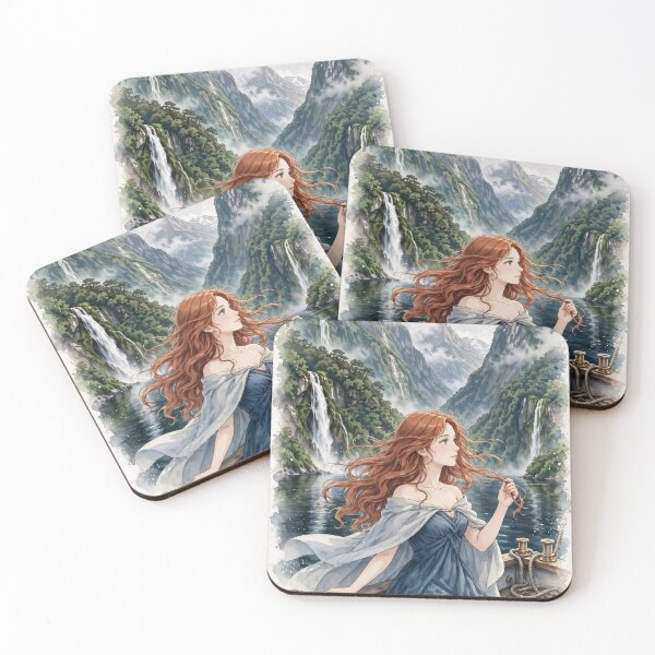 Item preview, New Zealand Milford Sound with a Graceful Redhead Traveler in a Deep Blue Dress, Majestic Fjords, Waterfalls and Dramatic Ocean Landscape designed and sold by DibujandoPorfa.