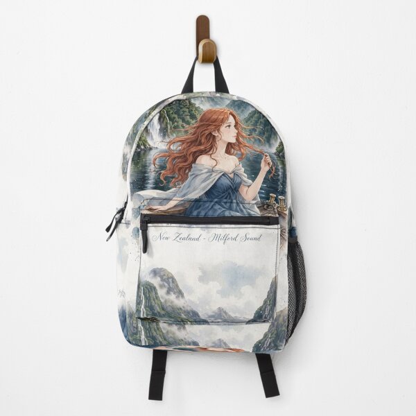 Item preview, New Zealand Milford Sound with a Graceful Redhead Traveler in a Deep Blue Dress, Majestic Fjords, Waterfalls and Dramatic Ocean Landscape designed and sold by DibujandoPorfa.