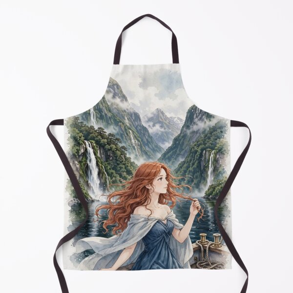 Item preview, New Zealand Milford Sound with a Graceful Redhead Traveler in a Deep Blue Dress, Majestic Fjords, Waterfalls and Dramatic Ocean Landscape designed and sold by DibujandoPorfa.