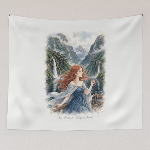 Item preview, New Zealand Milford Sound with a Graceful Redhead Traveler in a Deep Blue Dress, Majestic Fjords, Waterfalls and Dramatic Ocean Landscape designed and sold by DibujandoPorfa.