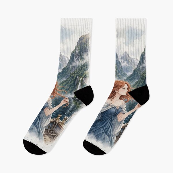 Item preview, New Zealand Milford Sound with a Graceful Redhead Traveler in a Deep Blue Dress, Majestic Fjords, Waterfalls and Dramatic Ocean Landscape designed and sold by DibujandoPorfa.