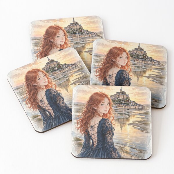 Item preview, France Mont-Saint-Michel with an Elegant Redhead Traveler in Gothic Blue Dress, Romantic Coastal Castle and Dreamy Sunset Landscape designed and sold by DibujandoPorfa.