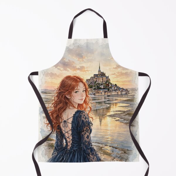 Item preview, France Mont-Saint-Michel with an Elegant Redhead Traveler in Gothic Blue Dress, Romantic Coastal Castle and Dreamy Sunset Landscape designed and sold by DibujandoPorfa.