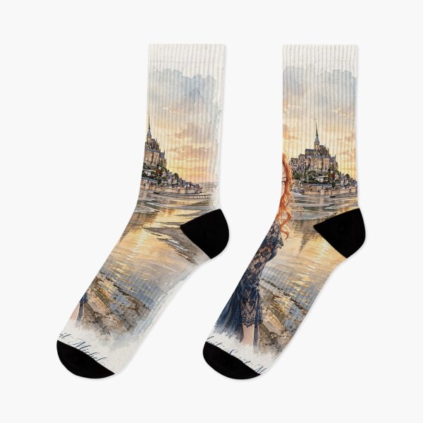 Item preview, France Mont-Saint-Michel with an Elegant Redhead Traveler in Gothic Blue Dress, Romantic Coastal Castle and Dreamy Sunset Landscape designed and sold by DibujandoPorfa.
