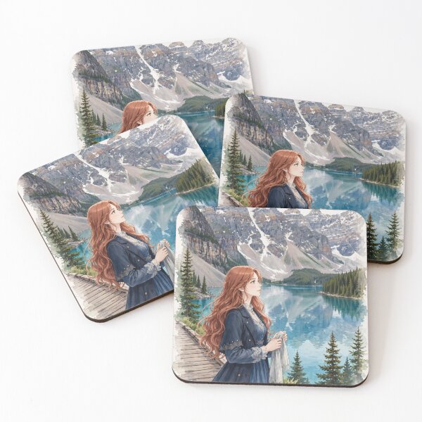 Item preview, Canada Moraine Lake with an Elegant Redhead Traveler in a Deep Blue Dress, Turquoise Alpine Water and Majestic Rocky Mountain Landscape designed and sold by DibujandoPorfa.