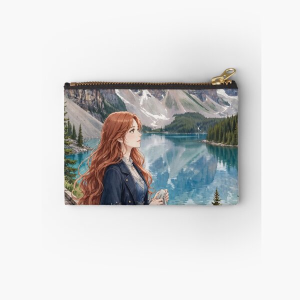 Item preview, Canada Moraine Lake with an Elegant Redhead Traveler in a Deep Blue Dress, Turquoise Alpine Water and Majestic Rocky Mountain Landscape designed and sold by DibujandoPorfa.
