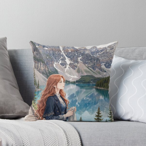 Item preview, Canada Moraine Lake with an Elegant Redhead Traveler in a Deep Blue Dress, Turquoise Alpine Water and Majestic Rocky Mountain Landscape designed and sold by DibujandoPorfa.