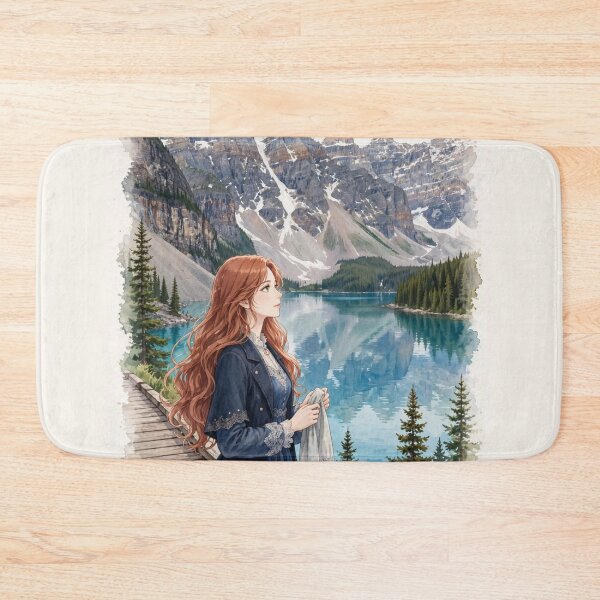 Item preview, Canada Moraine Lake with an Elegant Redhead Traveler in a Deep Blue Dress, Turquoise Alpine Water and Majestic Rocky Mountain Landscape designed and sold by DibujandoPorfa.