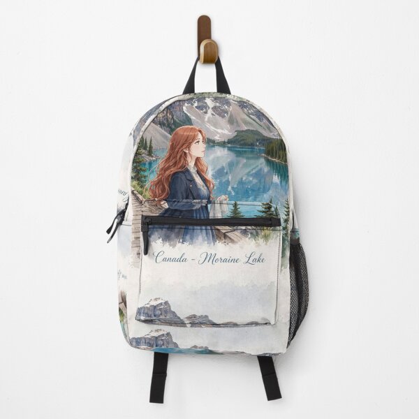 Item preview, Canada Moraine Lake with an Elegant Redhead Traveler in a Deep Blue Dress, Turquoise Alpine Water and Majestic Rocky Mountain Landscape designed and sold by DibujandoPorfa.