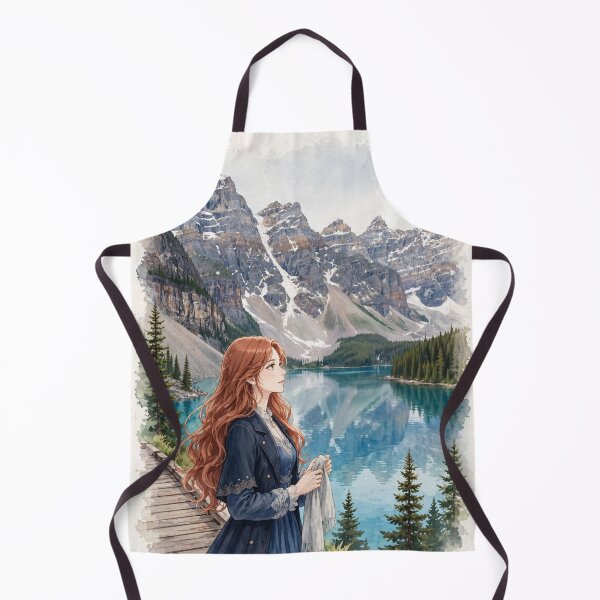 Item preview, Canada Moraine Lake with an Elegant Redhead Traveler in a Deep Blue Dress, Turquoise Alpine Water and Majestic Rocky Mountain Landscape designed and sold by DibujandoPorfa.