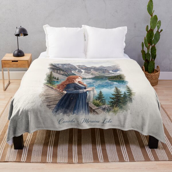 Item preview, Canada Moraine Lake with an Elegant Redhead Traveler in a Deep Blue Dress, Turquoise Alpine Water and Majestic Rocky Mountain Landscape designed and sold by DibujandoPorfa.