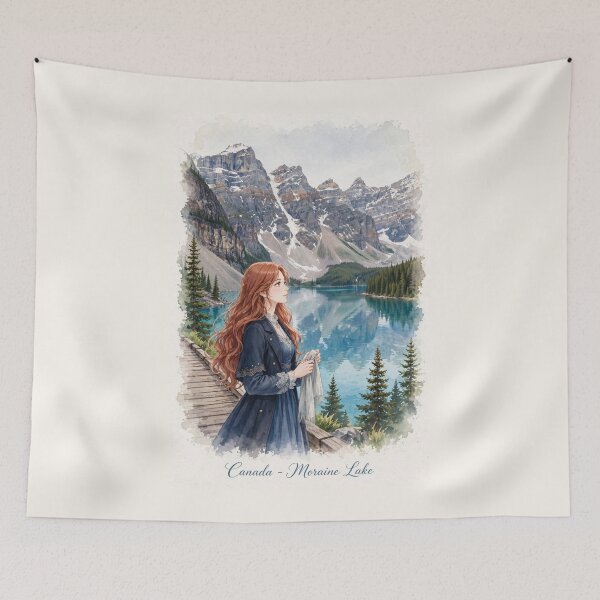 Item preview, Canada Moraine Lake with an Elegant Redhead Traveler in a Deep Blue Dress, Turquoise Alpine Water and Majestic Rocky Mountain Landscape designed and sold by DibujandoPorfa.