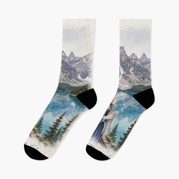 Item preview, Canada Moraine Lake with an Elegant Redhead Traveler in a Deep Blue Dress, Turquoise Alpine Water and Majestic Rocky Mountain Landscape designed and sold by DibujandoPorfa.
