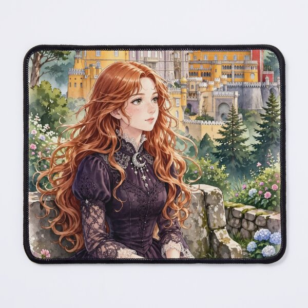 Item preview, Portugal Sintra Pena Palace with an Elegant Redhead Traveler in a Victorian Purple Dress, Enchanted Forest and Romantic Fairytale Landscape designed and sold by DibujandoPorfa.