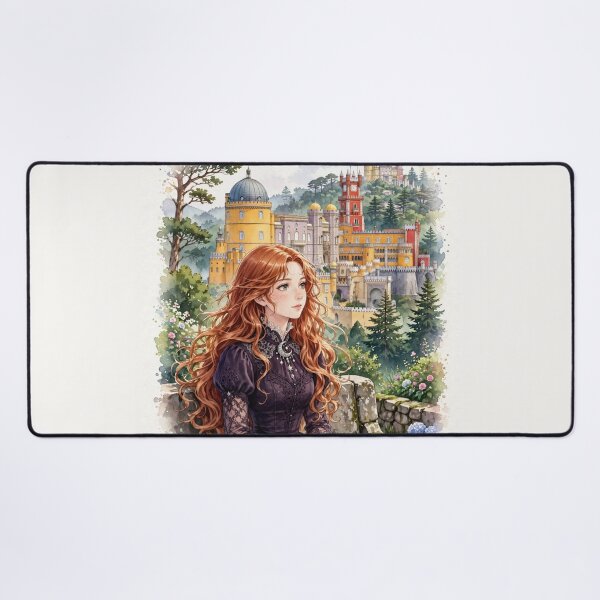 Item preview, Portugal Sintra Pena Palace with an Elegant Redhead Traveler in a Victorian Purple Dress, Enchanted Forest and Romantic Fairytale Landscape designed and sold by DibujandoPorfa.