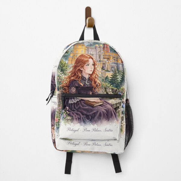 Item preview, Portugal Sintra Pena Palace with an Elegant Redhead Traveler in a Victorian Purple Dress, Enchanted Forest and Romantic Fairytale Landscape designed and sold by DibujandoPorfa.