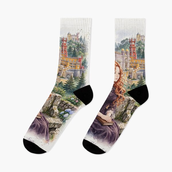 Item preview, Portugal Sintra Pena Palace with an Elegant Redhead Traveler in a Victorian Purple Dress, Enchanted Forest and Romantic Fairytale Landscape designed and sold by DibujandoPorfa.
