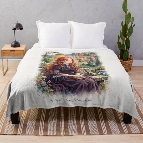 Item preview, Portugal Sintra Pena Palace with an Elegant Redhead Traveler in a Victorian Purple Dress, Enchanted Forest and Romantic Fairytale Landscape designed and sold by DibujandoPorfa.
