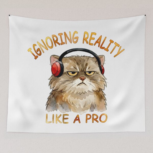 Item preview, Ignoring Reality Like A Pro | Funny Watercolor Manul Wearing Headphones designed and sold by PawtopiaArt.