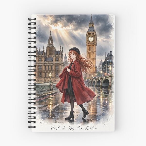 Item preview, United Kingdom London Big Ben with a Beautiful Redhead Traveler in Elegant Red Coat, Romantic Rainy City Travel Scene designed and sold by DibujandoPorfa.
