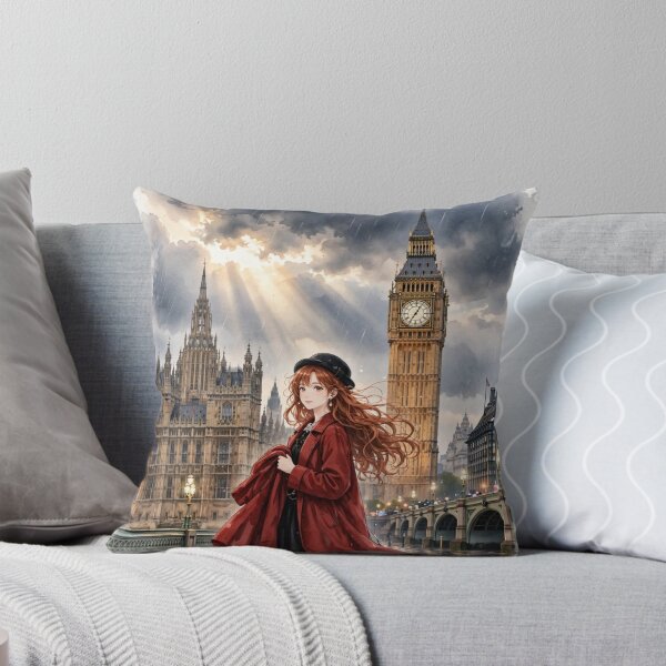 Item preview, United Kingdom London Big Ben with a Beautiful Redhead Traveler in Elegant Red Coat, Romantic Rainy City Travel Scene designed and sold by DibujandoPorfa.