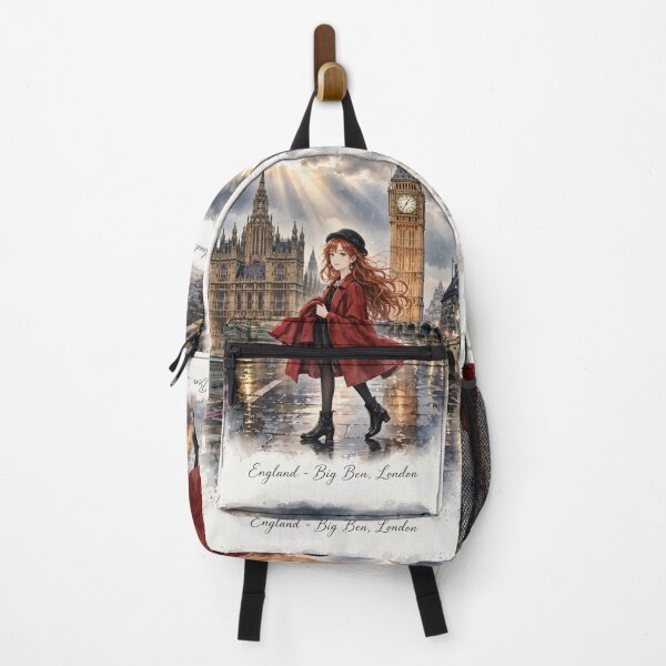 Item preview, United Kingdom London Big Ben with a Beautiful Redhead Traveler in Elegant Red Coat, Romantic Rainy City Travel Scene designed and sold by DibujandoPorfa.