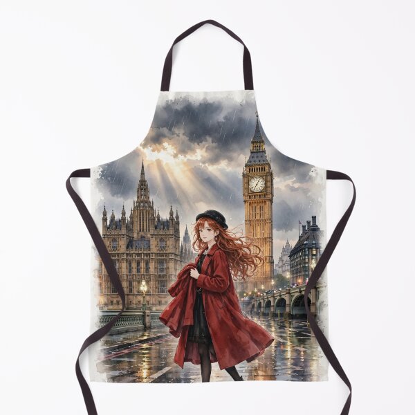 Item preview, United Kingdom London Big Ben with a Beautiful Redhead Traveler in Elegant Red Coat, Romantic Rainy City Travel Scene designed and sold by DibujandoPorfa.