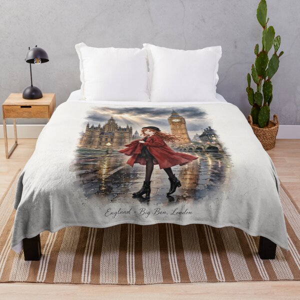 Item preview, United Kingdom London Big Ben with a Beautiful Redhead Traveler in Elegant Red Coat, Romantic Rainy City Travel Scene designed and sold by DibujandoPorfa.