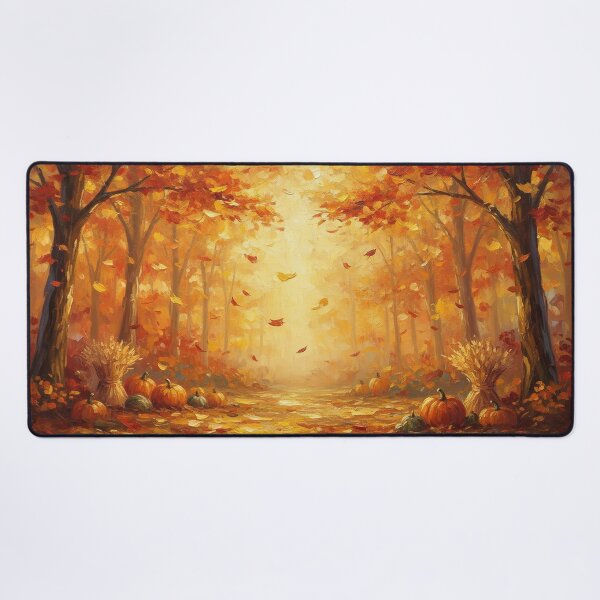Item preview, Golden Autumn Forest Path Painting Desk Mat — Cozy Fall Harvest Pumpkins and Warm Sunbeam Woods Office Decor designed and sold by FestivityFinds.