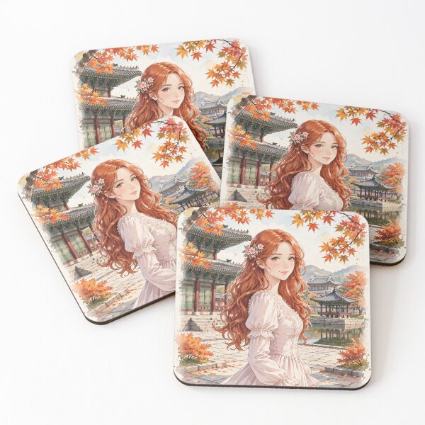 Item preview, South Korea Seoul Gyeongbokgung Palace with a Sweet Redhead Traveler in a Romantic Pink Dress, Autumn Garden and Traditional Korean Landscape designed and sold by DibujandoPorfa.