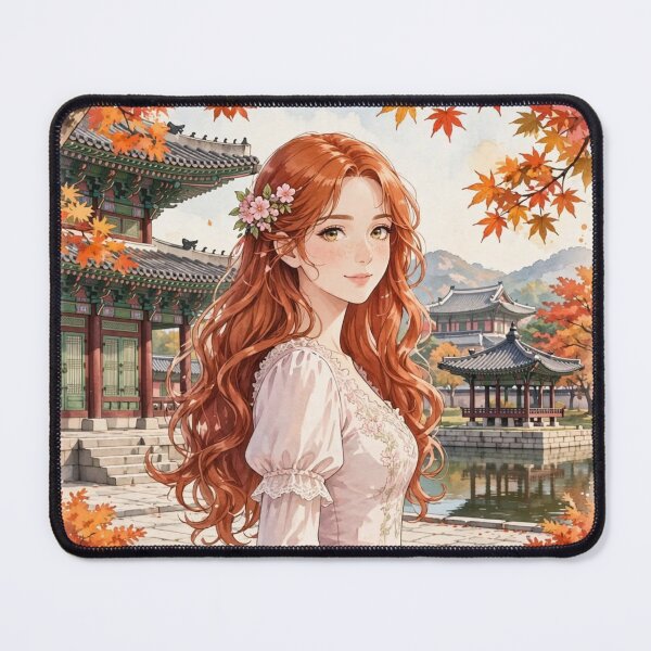 Item preview, South Korea Seoul Gyeongbokgung Palace with a Sweet Redhead Traveler in a Romantic Pink Dress, Autumn Garden and Traditional Korean Landscape designed and sold by DibujandoPorfa.