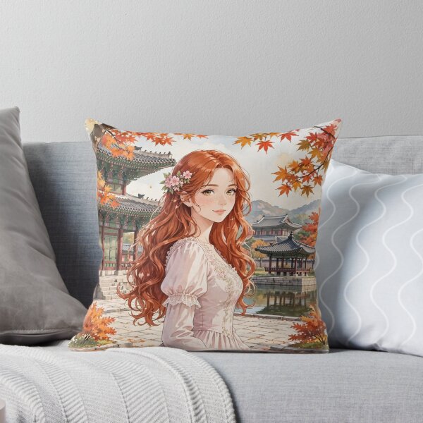 Item preview, South Korea Seoul Gyeongbokgung Palace with a Sweet Redhead Traveler in a Romantic Pink Dress, Autumn Garden and Traditional Korean Landscape designed and sold by DibujandoPorfa.