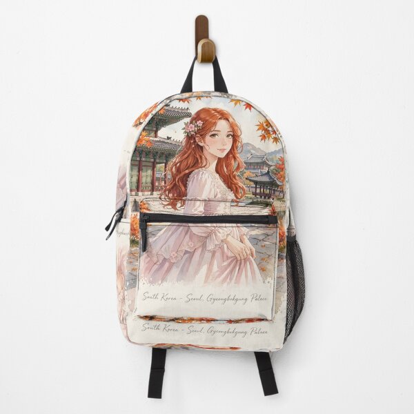 Item preview, South Korea Seoul Gyeongbokgung Palace with a Sweet Redhead Traveler in a Romantic Pink Dress, Autumn Garden and Traditional Korean Landscape designed and sold by DibujandoPorfa.