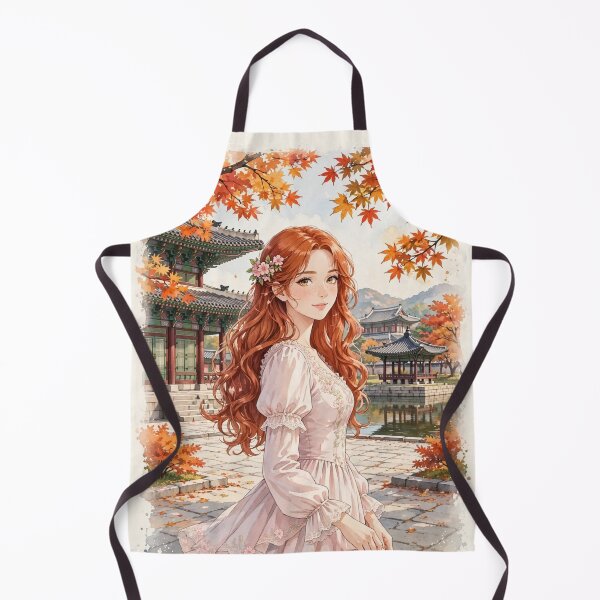 Item preview, South Korea Seoul Gyeongbokgung Palace with a Sweet Redhead Traveler in a Romantic Pink Dress, Autumn Garden and Traditional Korean Landscape designed and sold by DibujandoPorfa.